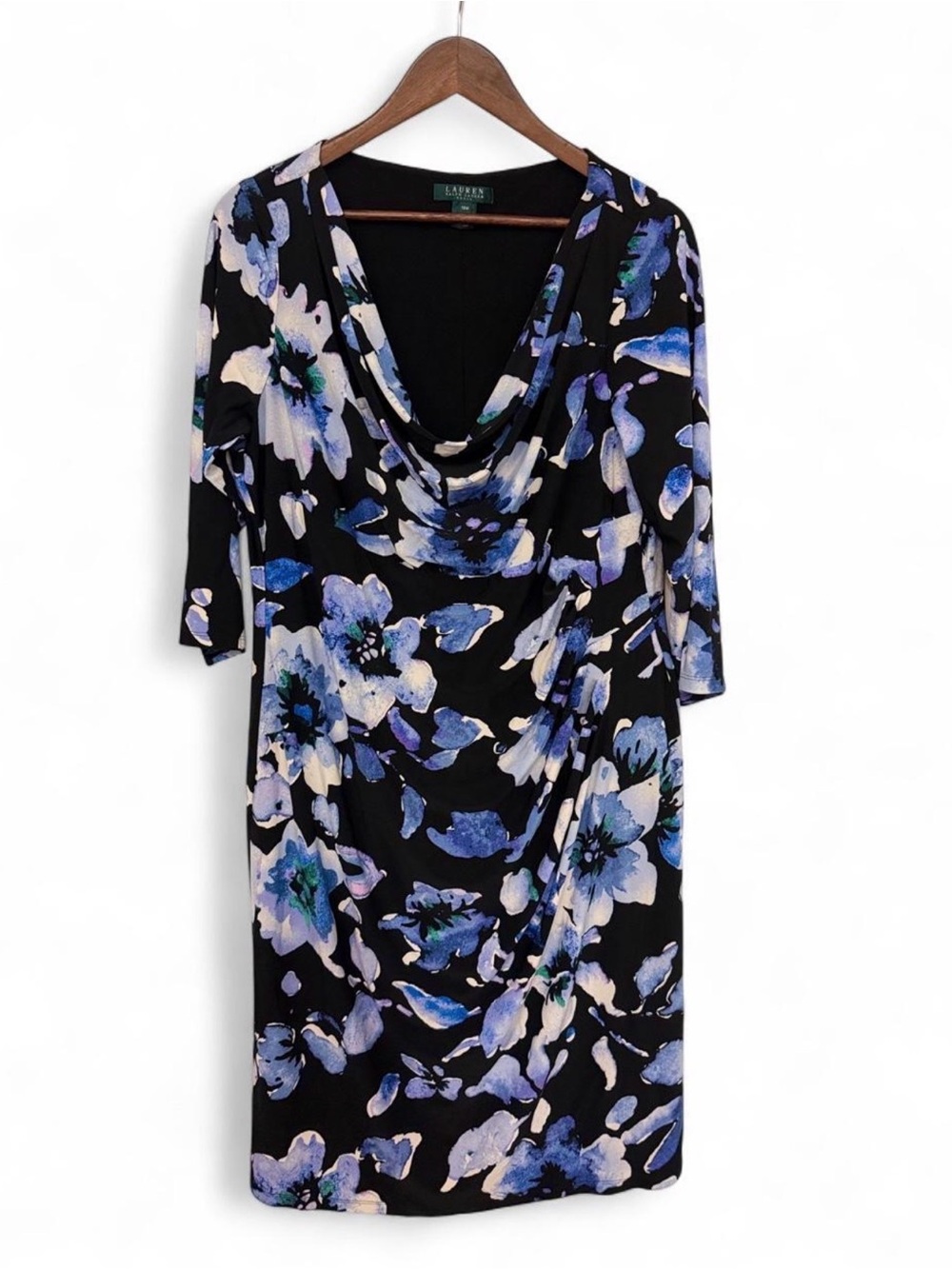 Lauren Ralph Lauren Black Floral Cowl-Neck Midi Dress with Blue & Cream Blooms